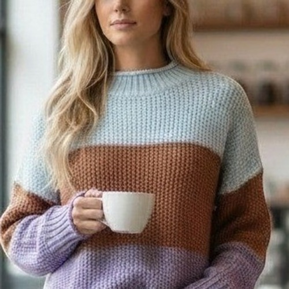 Boxy Multicolor Reto Sweater Crop Multicolor Chunky Knit Mock Neck Pullover OS